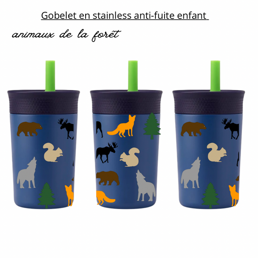 Gobelet 12 oz en stainless anti-fuite pour enfant animaux de la forêt